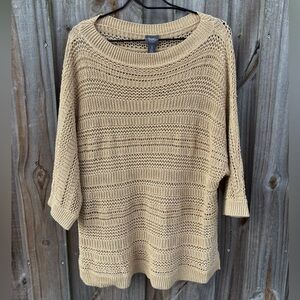 Travelers Collection Chico’s Size 3 XL Gold Open Weave Bateau Long Tunic Sweater